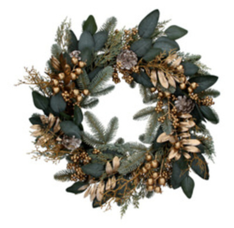 Green and matt gold Christmas Door Wreath decorated with eucalyptus and berries. Made by London based designer Gisela Graham who designs really beautiful and unusual Christmas decorations and gifts for your home.Ê Would suit any Christmas decor and would make a lovely Christmas gift. Matching Christmas Garland in the same design also available. Remember Booker Flowers and Gifts for Gisela Graham Christmas Decorations.